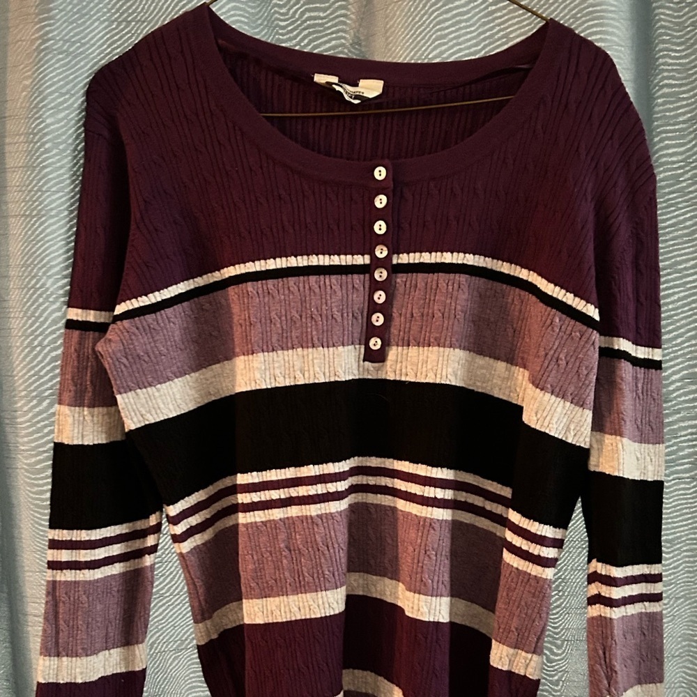 Denver Hayes soft 2xk Striped Long Sleeve Henley Top- buttons up front